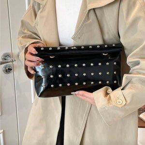 Studded Black Faux Leather Fold-Over Clutch